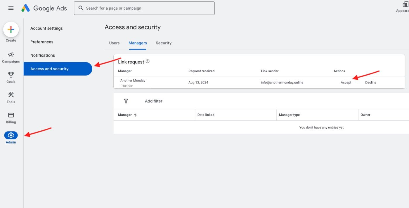 The Google Ads Admin, Access and Security screen on the Managers tab, showing a pending link request from a manager account with Accept and Decline