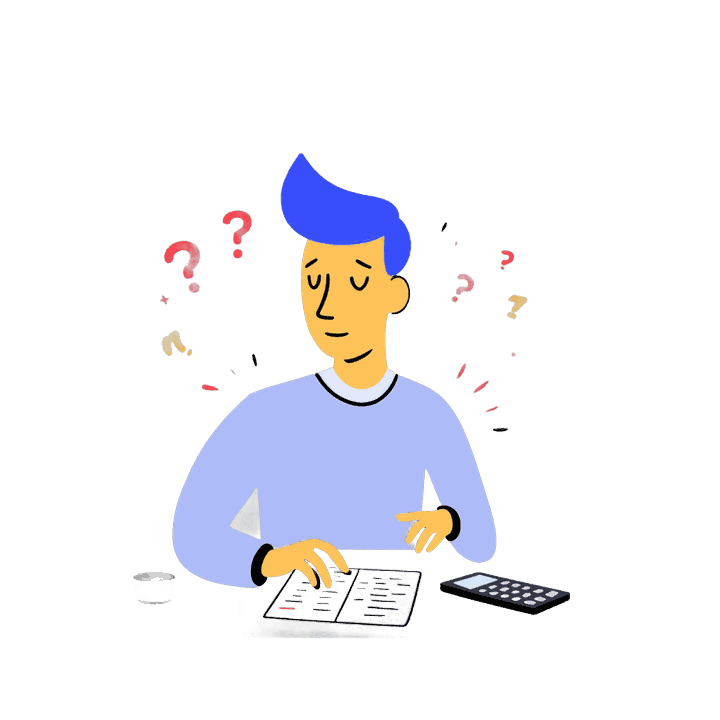 Illustration of a man sitting with papers and a calculator, question marks floating around him, the guesswork this cost table replaces