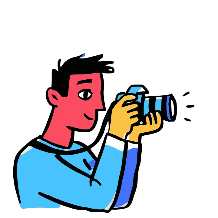 Illustration of a man holding up a camera to take a photo, the same eye for the room that makes a virtual tour worth building