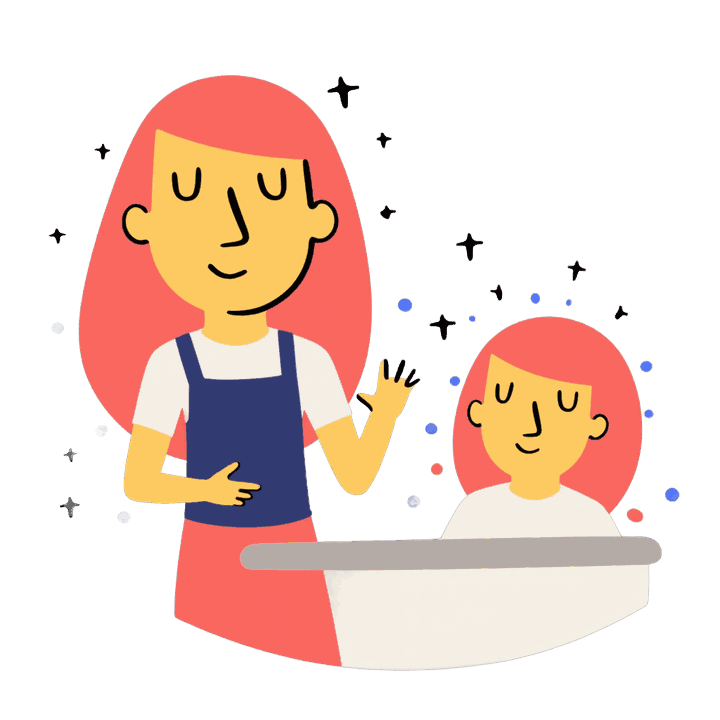 Illustration of a shop owner in an apron waving hello across the counter to a customer arriving, the neighbours a community postcard route reaches