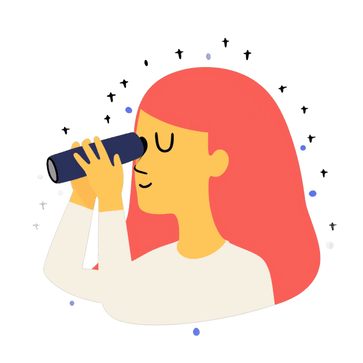 Illustration of a person looking through binoculars, the research into WordPress versus Squarespace SEO capability an owner runs before picking a platform