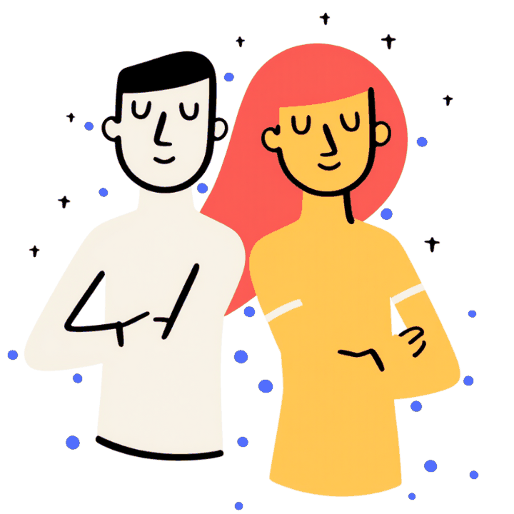 Illustration of a small business owner and a marketing partner standing back to back, the hybrid team a marketing budget can fund