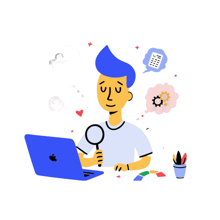 Illustration of a man researching on a laptop with a magnifying glass, the category research that decides which secondary categories a Google Business Profile should carry