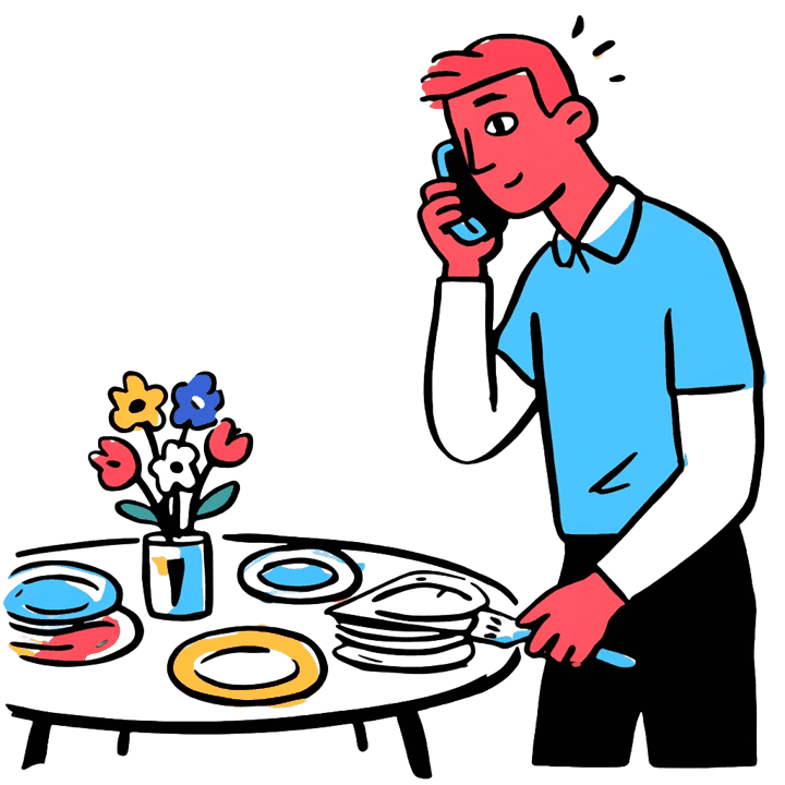 Illustration of a local business owner taking a phone call at a set table, running Google Ads and SEO together the way Another Monday manages both channels for its clients