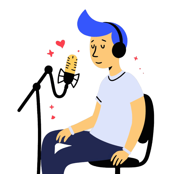 Illustration of a man wearing headphones, seated in front of a microphone on a stand, recording a podcast episode