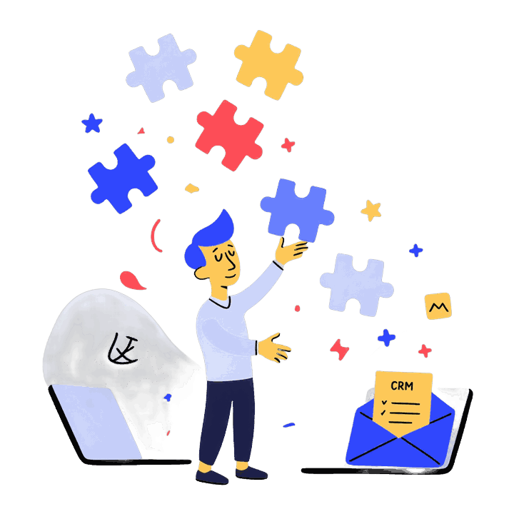 Illustration of a man tossing colorful puzzle pieces into the air near a laptop and a CRM envelope icon, sorting the advertising channels into the order that actually fits