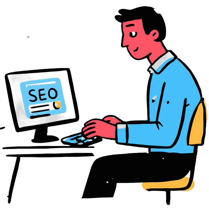 Illustration of a man at a computer with an SEO dashboard on screen, the unpaid side of the SEO vs Google Ads comparison Another Monday runs for local businesses
