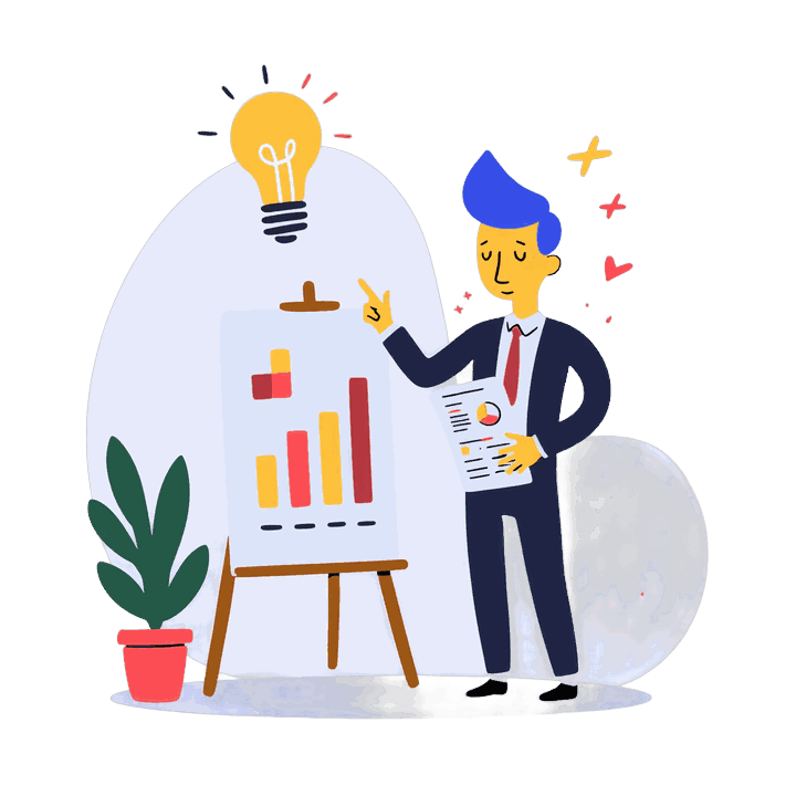 Illustration of a man in a suit presenting a bar-chart poster on an easel under a lightbulb, the new layout and design system pitched to the shop before the migration