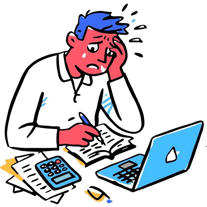 Illustration of a stressed event venue owner at a laptop with a calculator and paperwork, the fixed costs that never sleep in the event space business