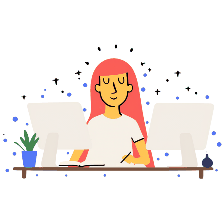 Illustration of a person working at dual monitors, the Squarespace SEO settings and Search Console dashboard an owner manages on their own site