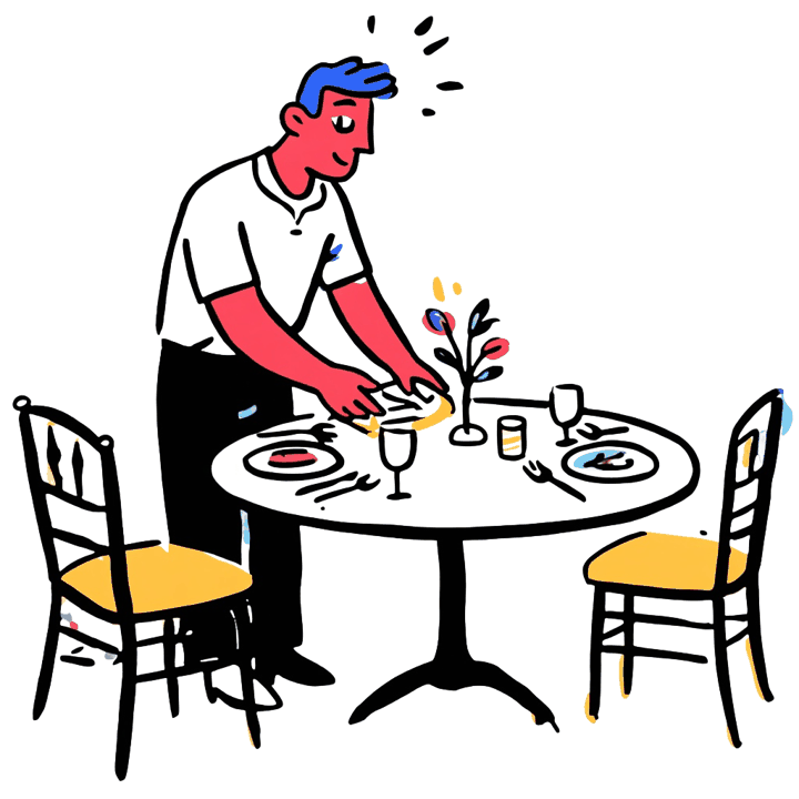 Illustration of a venue owner setting a dining table between two chairs, standing in for the event venue whose inquiries were going quiet