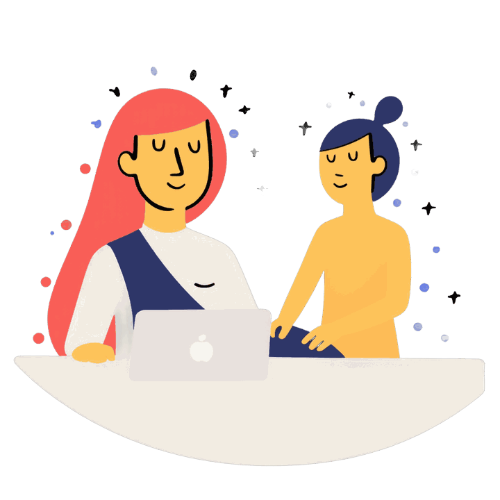 Illustration of two people working together at a laptop, the vendors and hosts who market a venue alongside its owner