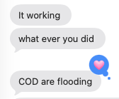 Text message from an Another Monday client in Baltimore reading "It working, what ever you did, COD are flooding" after their campaigns went live