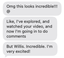 Message from an Another Monday client reacting to their newly built website, reading "Omg this looks incredible" and "I am very excited"
