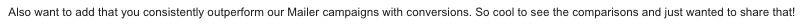 Message from an Another Monday client noting the ad campaigns consistently outperform their direct mail campaigns on conversions