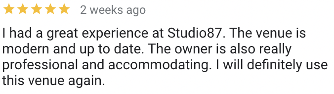 Five star Google review of Studio 87 in the Baltimore area calling the venue modern and the owner professional and accommodating