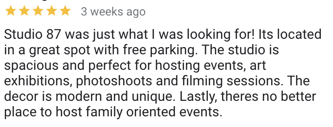 Five star Google review of Studio 87, the Baltimore area event venue Willis Aybar built and marketed, praising the space and location