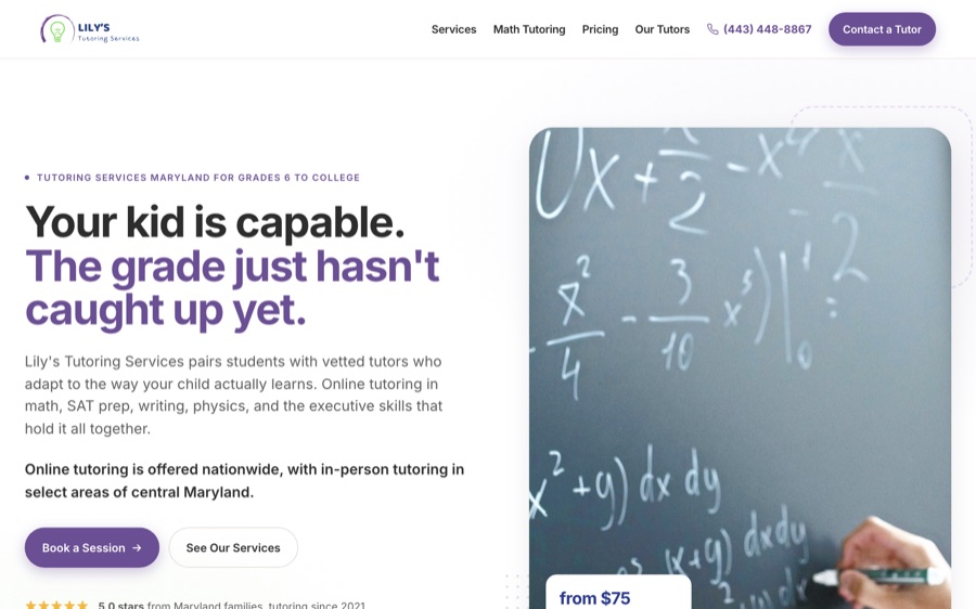 Web design for a Pikesville tutoring website built by Another Monday