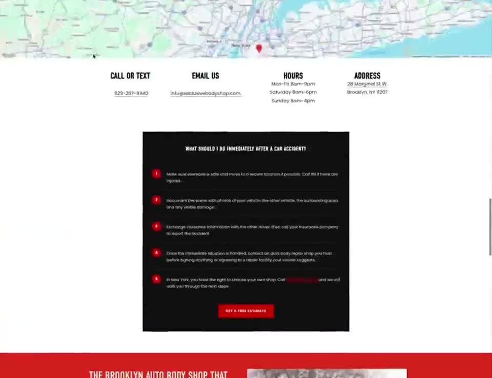 An auto body shop website before its rebuild, a map strip above a row of hours and a dark question and answer block