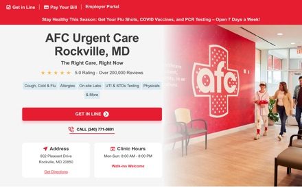 The AFC Urgent Care Rockville website built by Another Monday, a medical & urgent care client in the Baltimore and DMV area