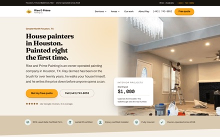 The Rise and Prime Painting website built by Another Monday, a home services client in the Baltimore and DMV area