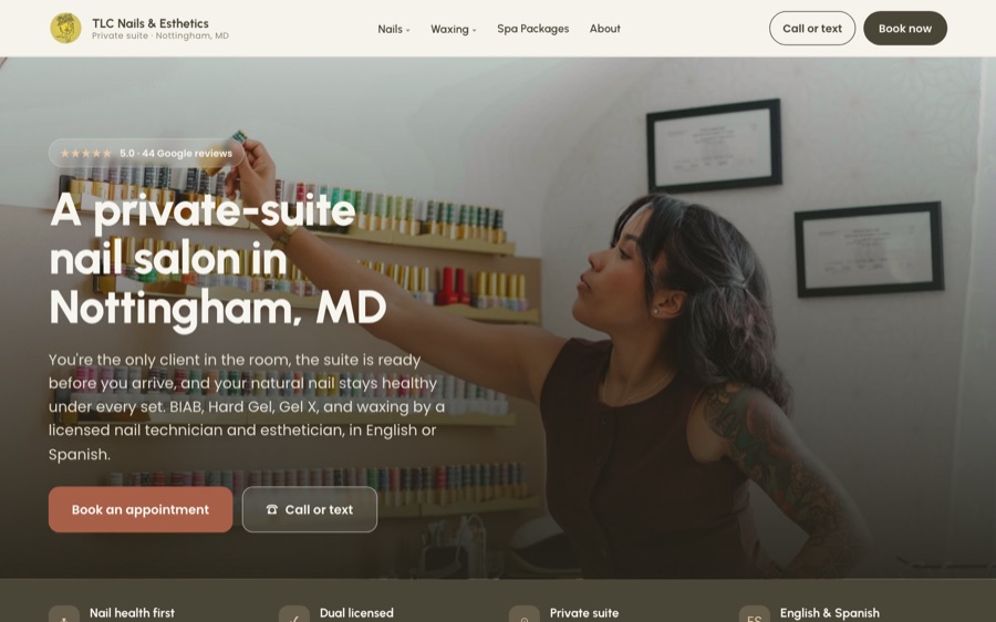 Web design for a Nottingham MD nail salon website built by Another Monday