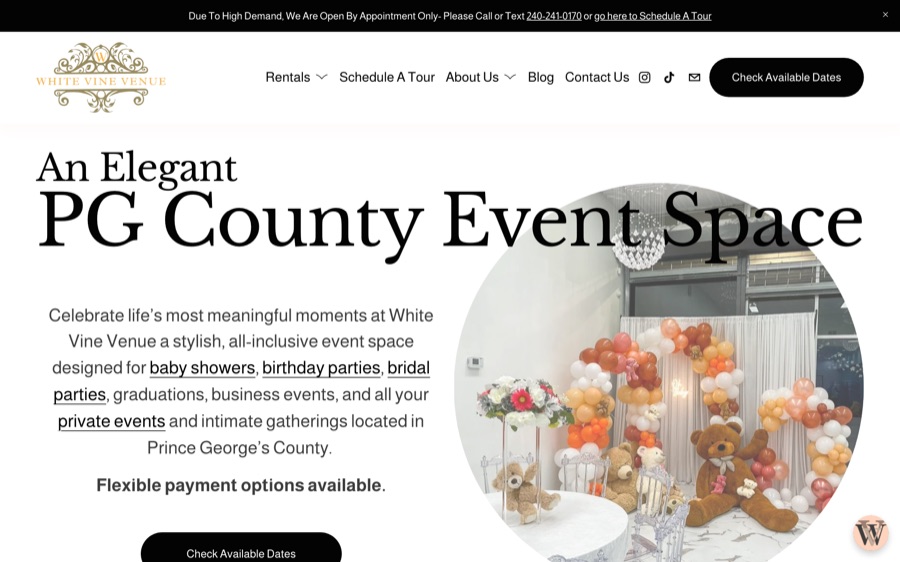 Web design for an event venue website built by Another Monday